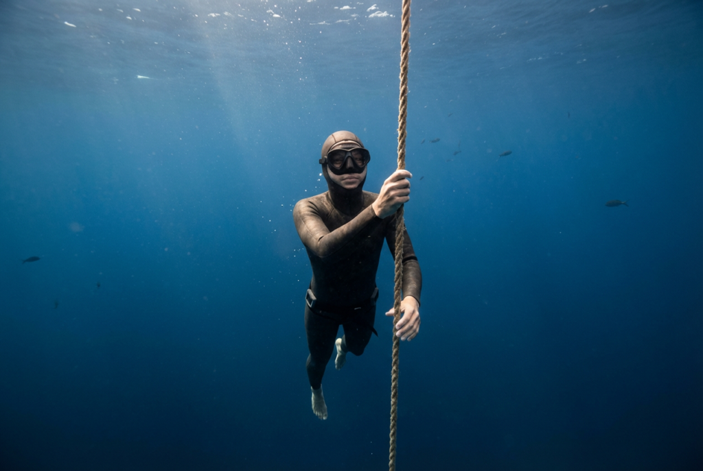 غواص حر يستخدم الحبل للصعود دون زعانف في البحر المفتوح