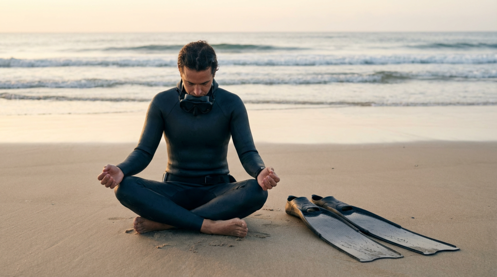 غواص حر يستعد بهدوء لتمرين حبس النفس بأمان على الشاطئ قبل دخول الماء