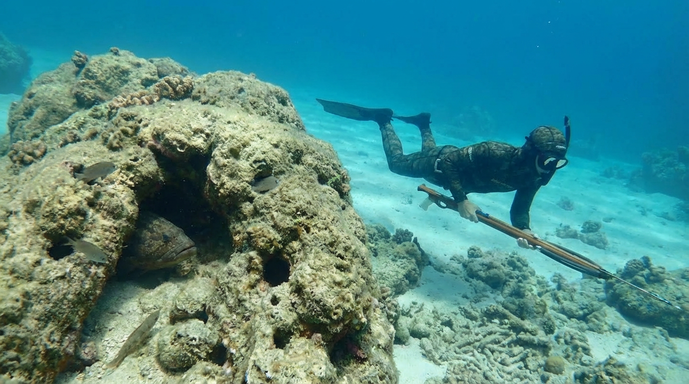 غواص حر يستكشف الشقوق الصخرية بهدوء أثناء الصيد تحت الماء