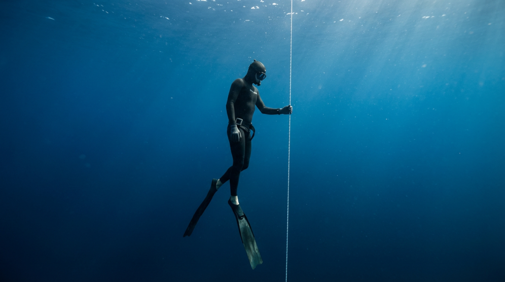غواص حر يصعد عموديًا بمحاذاة حبل إرشادي في أعماق البحر بأسلوب واقعي