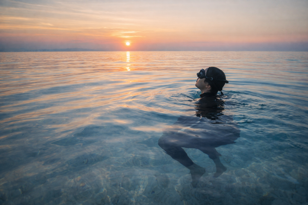 غواص حر يعود بهدوء إلى سطح البحر في مشهد يعكس الانسجام مع الطبيعة