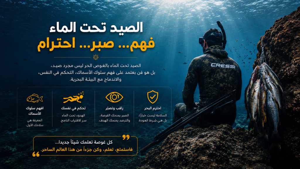 صورة خاتمة سينمائية لغواص صيد تحت الماء يجلس بهدوء فوق صخرة بحرية حاملاً معدات الغوص والأسماك بعد رحلة صيد ناجحة، مع أشعة ضوء تخترق أعماق البحر ونص عربي ملهم حول الصبر وفهم البحر واحترامه.