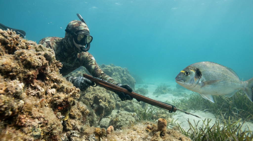 غواص مموه ينتظر اقتراب الأسماك قرب القاع