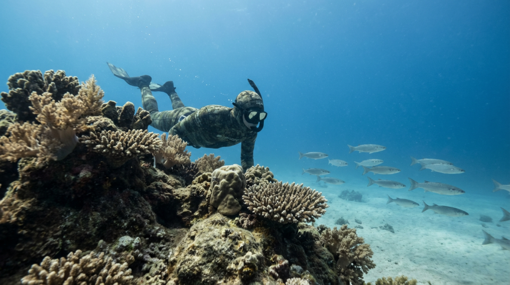 غواص يتسلل خلف الصخور للاقتراب من الأسماك