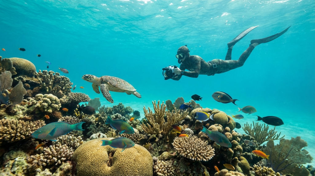 غواص يراقب البيئة البحرية دون إزعاج الكائنات