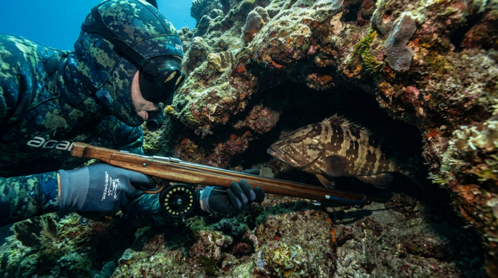 غواص يصطاد سمكة مختبئة داخل شق صخري في قاع البحر
