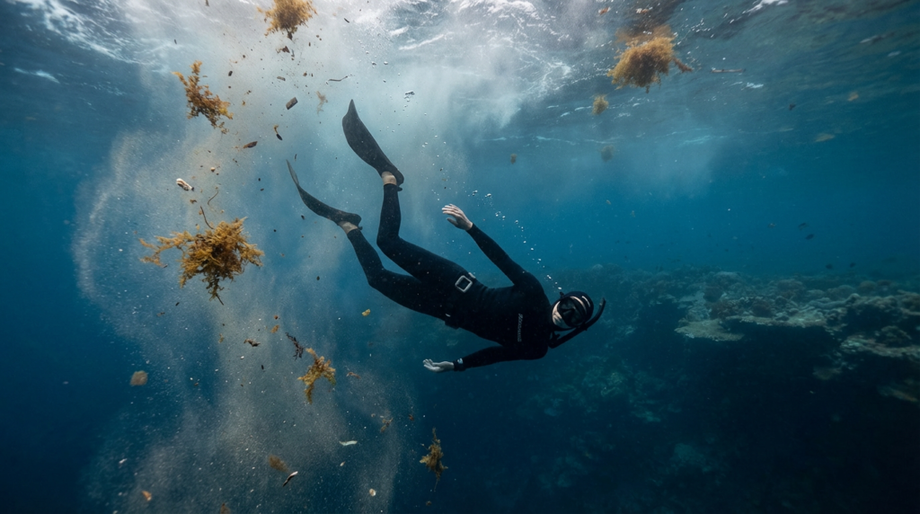 غواص يفقد التوازن بسبب تيارات بحرية قوية أثناء الغوص