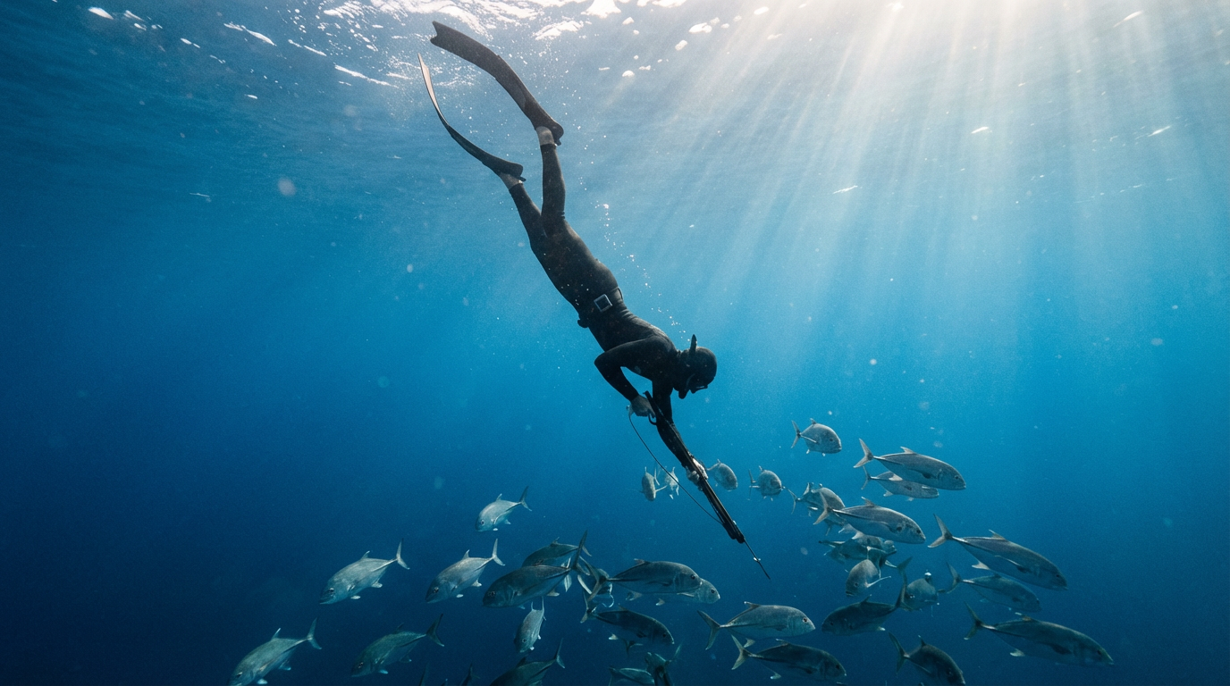 غواص ينزل بهدوء من سطح البحر نحو الأسماك