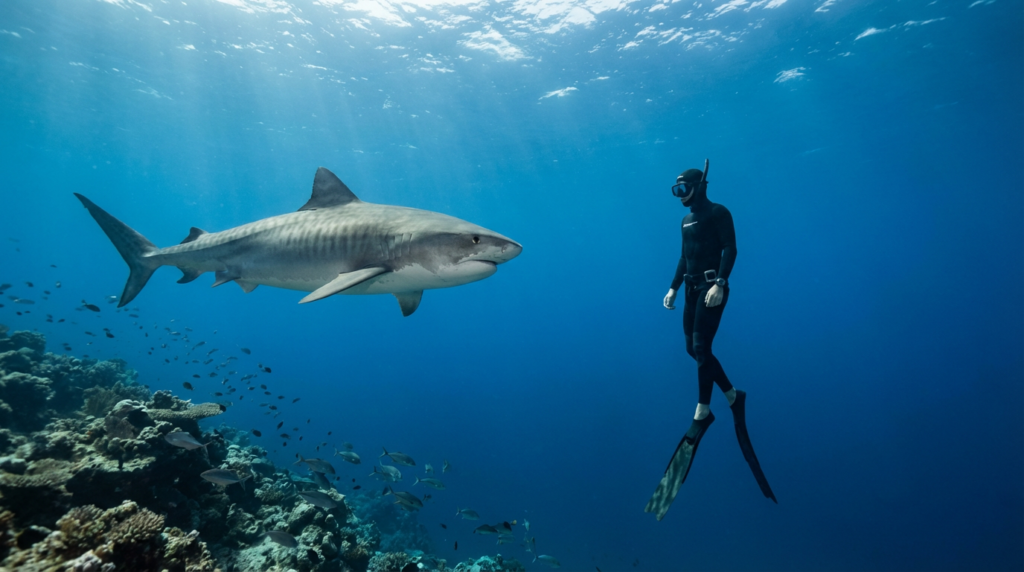غواص يواجه سمكة قرش بهدوء أثناء الصيد تحت الماء