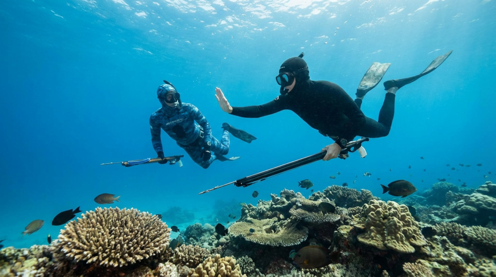 غواصان أثناء الصيد تحت الماء مع سلوك غير آمن من أحدهما