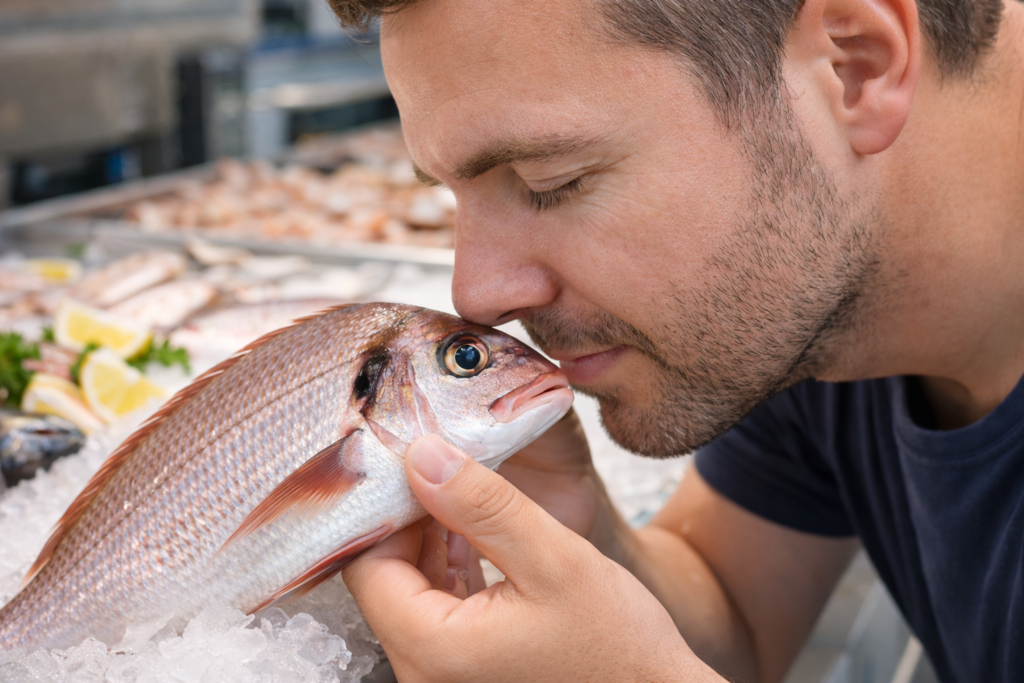 فحص رائحة السمك الطازج في سوق السمك بطريقة طبيعية وآمنة
