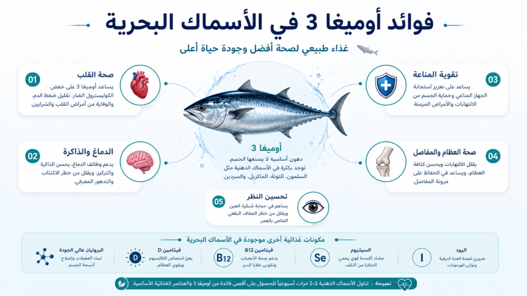 أنفوغرافيك عربي احترافي يشرح فوائد أوميغا 3 في الأسماك البحرية وتأثيرها على القلب والدماغ والمناعة والعظام داخل تصميم علمي بسيط بخلفية بحرية نظيفة.