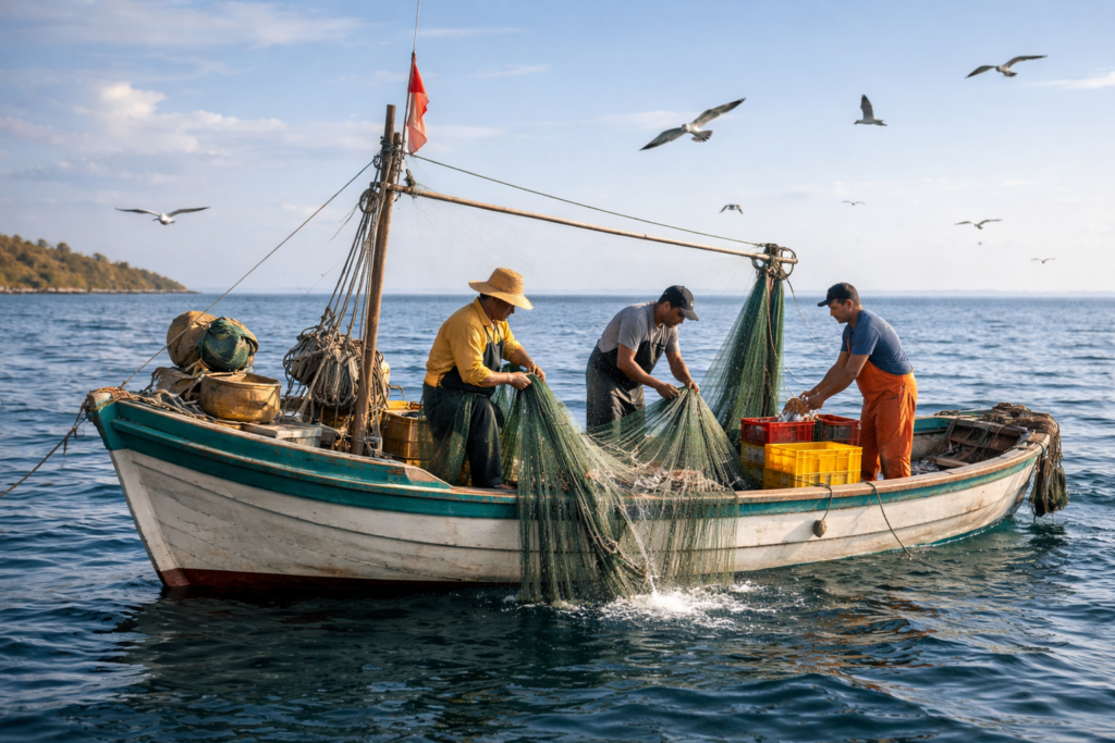قارب صيد تقليدي يعكس ارتباط الإنسان بالبحر والموارد البحرية.