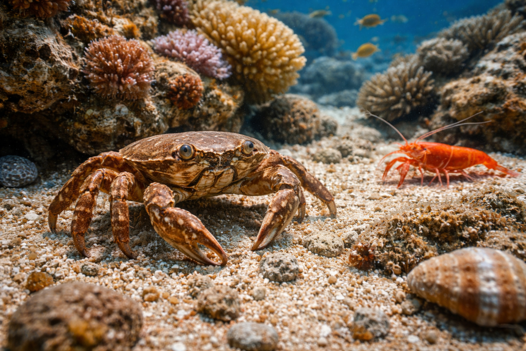 قشريات بحرية مثل السرطان والجمبري في بيئتها الطبيعية بقاع البحر.