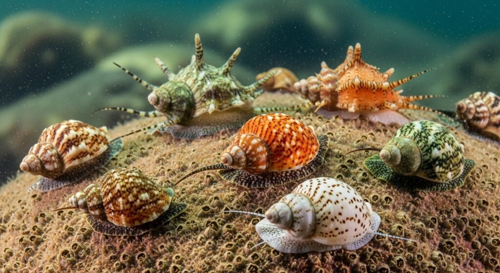 قواقع وحلزونات بحرية تتحرك على الصخور في بيئة طبيعية