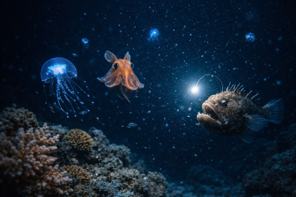 كائنات بحرية متكيفة تعيش في أعماق المحيط المظلمة.