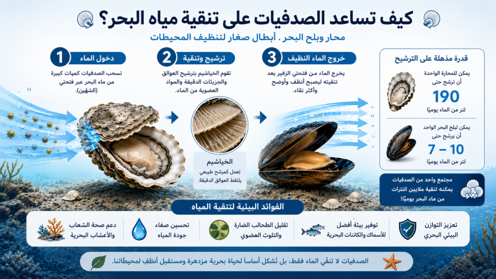 إنفوغرافيك يوضح كيف تساعد الصدفيات البحرية مثل المحار وبلح البحر على ترشيح مياه البحر وإزالة العوالق والجزيئات الدقيقة، مما يحسن جودة المياه ويدعم التوازن البيئي في النظم البحرية.