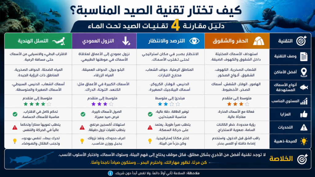إنفوغرافيك عربي احترافي يشرح كيفية اختيار تقنية الصيد تحت الماء بالغوص الحر، مع مقارنة بين التسلل الهندية، النزول العمودي، الترصد والانتظار، والحفر والشقوق، إضافة إلى أفضل الأماكن وأنواع الأسماك المناسبة لكل تقنية.