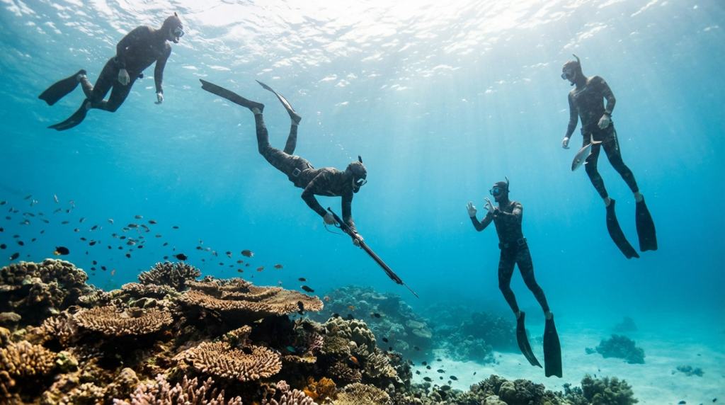مجموعة غواصين يمارسون الصيد تحت الماء بشكل آمن ومنظم