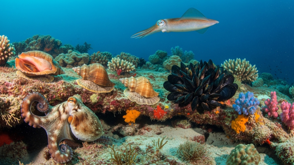 مجموعة متنوعة من الرخويات البحرية في بيئة طبيعية داخل البحر