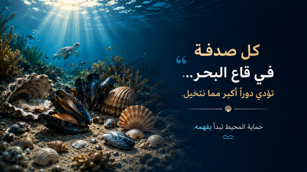مشهد بحري سينمائي يعرض مجموعة متنوعة من الصدفيات البحرية على قاع البحر، تشمل المحار وبلح البحر والأصداف المختلفة تحت أشعة الشمس المتسللة إلى الأعماق، في صورة تجسد أهمية هذه الكائنات في النظام البيئي البحري.
