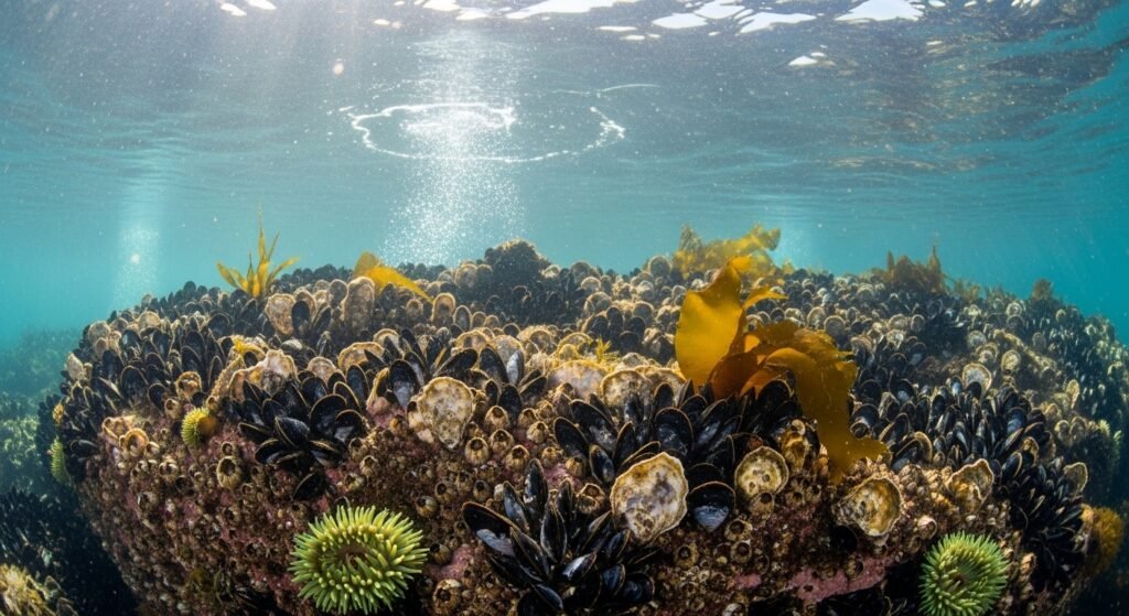 محار وبلح البحر ملتصق بالصخور في مياه ساحلية صافية