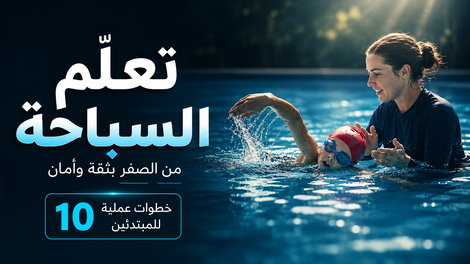 مدربة سباحة تساعد طفلًا مبتدئًا على تعلم السباحة الحرة داخل المسبح في صورة تعليمية احترافية للمبتدئين