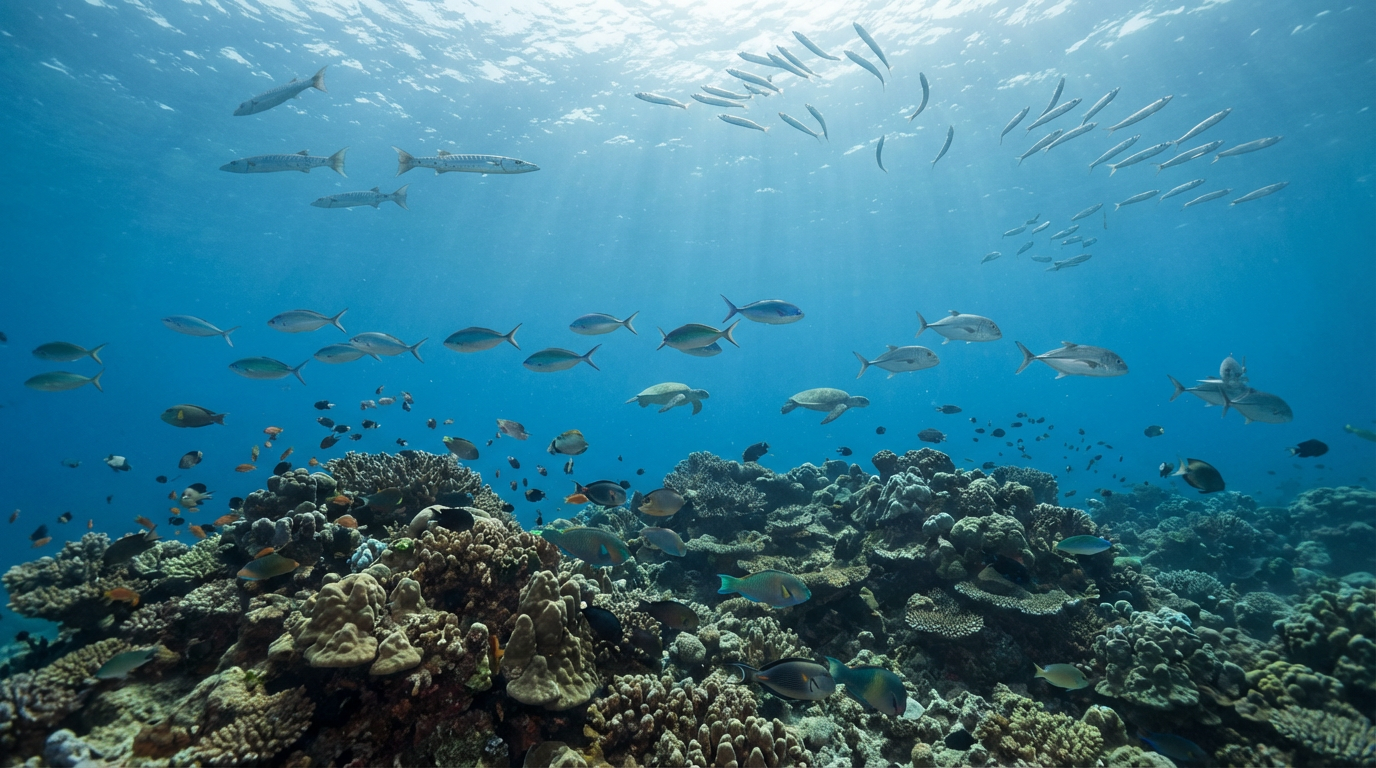 مشهد تحت الماء يُظهر أسماكًا بحرية متنوعة تسبح فوق شعاب مرجانية في بيئة طبيعية مضاءة بأشعة الشمس