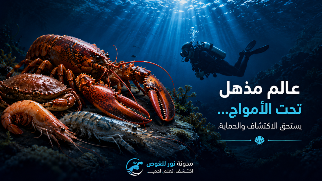 غواص يراقب كركندًا وسلطعونًا وجمبريًا فوق قاع بحري صخري تحت أشعة الشمس المتسللة إلى الأعماق، في مشهد سينمائي يبرز جمال القشريات البحرية وأهمية اكتشاف الحياة البحرية وحمايتها.
