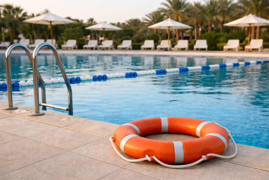 مشهد هادئ لمسبح خارجي مع عوامة إنقاذ موضوعة على حافة المسبح، يعكس إجراءات السلامة ويعزز الإحساس بالأمان أثناء السباحة.
