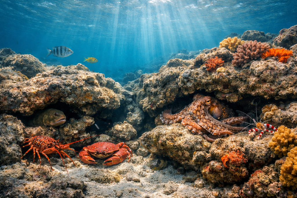 مشهد واقعي تحت الماء يعرض مجموعة متنوعة من الكائنات البحرية المختبئة داخل الشقوق الصخرية وسط الشعاب المرجانية