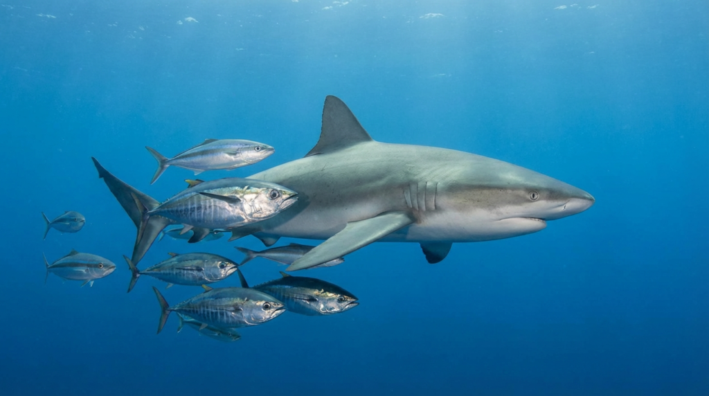 مشهد واقعي لأسماك عظمية وأسماك غضروفية تسبح في بيئة بحرية مفتوحة.