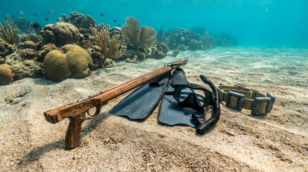 معدات الصيد تحت الماء موضوعة على قاع البحر بشكل منظم
