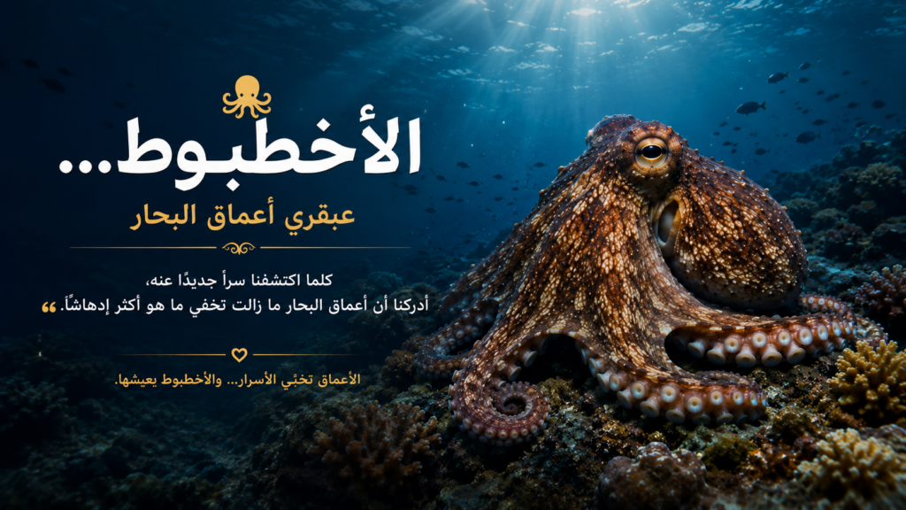 أخطبوط حقيقي يستقر فوق الشعاب المرجانية في أعماق البحر، بينما تتسلل أشعة الضوء عبر المياه الزرقاء، في مشهد يرمز إلى ذكائه الاستثنائي والأسرار التي ما زالت تخفيها المحيطات.