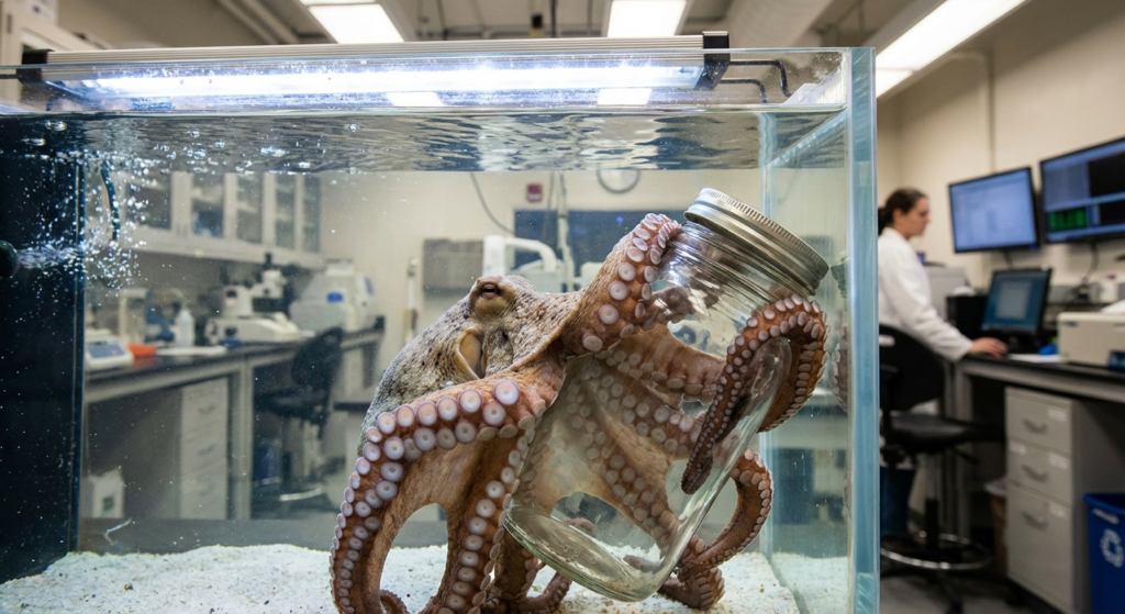 أخطبوط يفتح وعاء زجاجي في تجربة علمية داخل حوض مائي