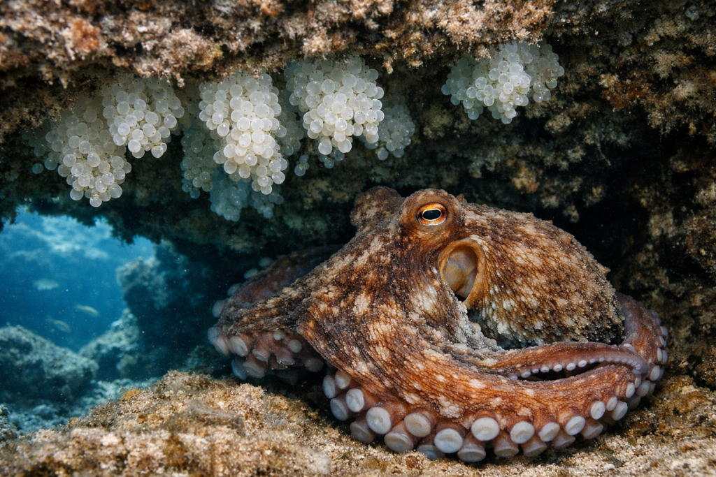 أنثى أخطبوط تحرس عناقيد البيوض داخل كهف صخري تحت الماء