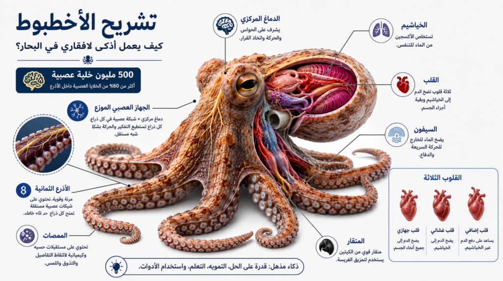 إنفوغرافيك تشريحي يوضح دماغ الأخطبوط وجهازه العصبي الموزع والقلوب الثلاثة وأهم الأعضاء التي تجعل هذا الكائن من أذكى اللافقاريات في البحار.