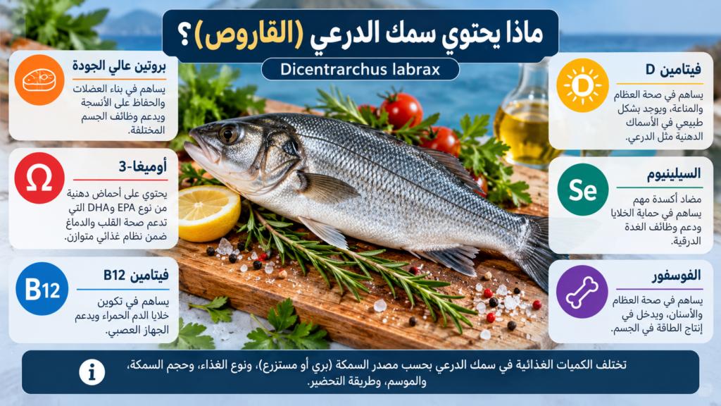 القيمة الغذائية لسمك الدرعي (القاروص) وأبرز العناصر الغذائية التي يحتوي عليها