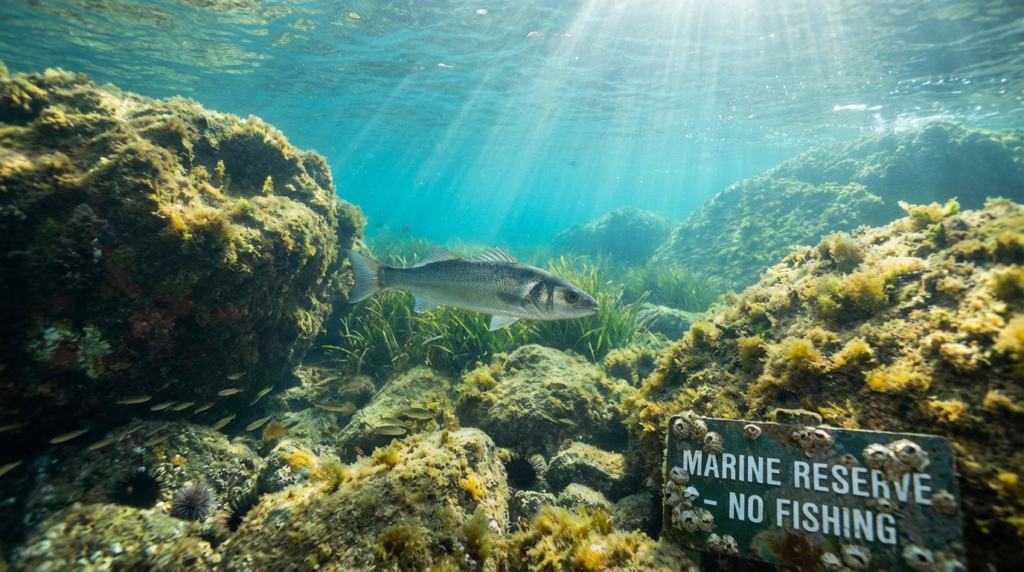 بيئة بحرية محمية تظهر سمك القاروص في موطن طبيعي صحي