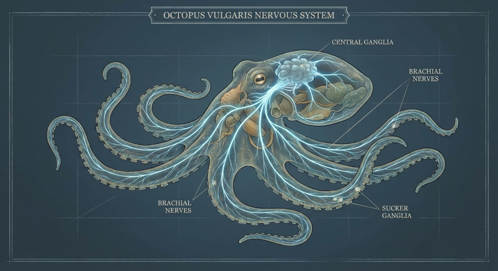 تصور علمي واقعي لدماغ الأخطبوط وشبكته العصبية الممتدة في الأذرع