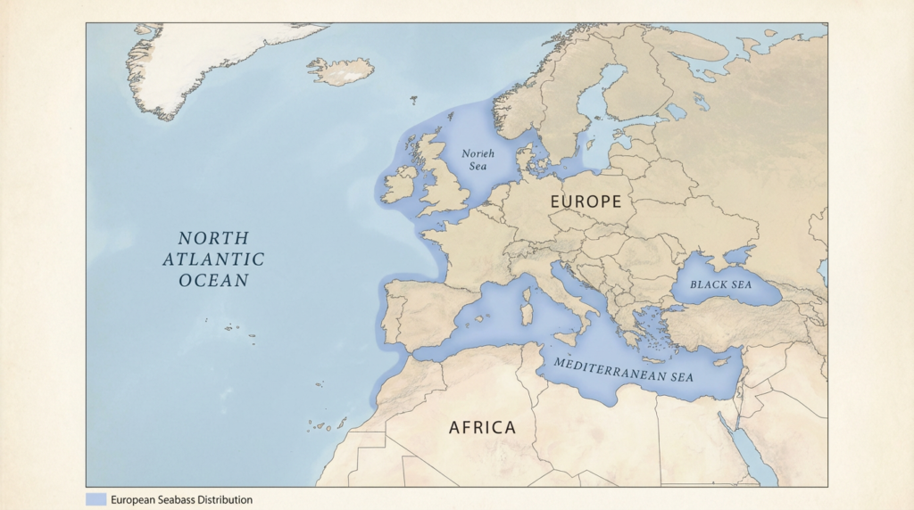 خريطة توضح التوزيع الطبيعي لسمك القاروص في البحر الأبيض المتوسط والبحر الأسود والأطلسي الشرقي