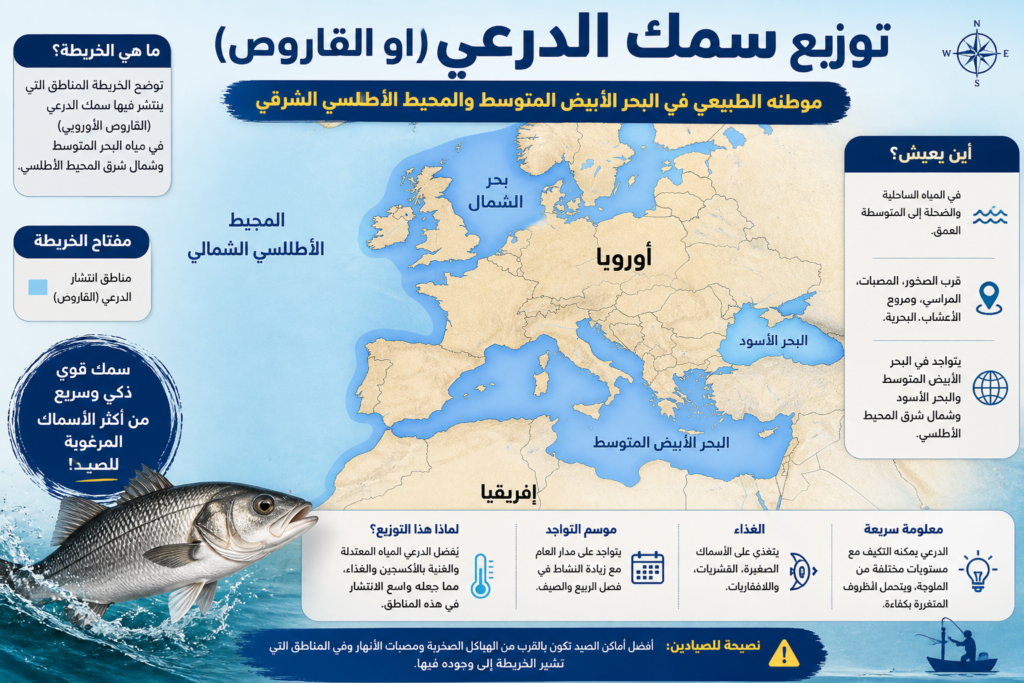 خريطة توضح توزيع سمك الدرعي أو القاروص الأوروبي في البحر الأبيض المتوسط والبحر الأسود والسواحل الشرقية للمحيط الأطلسي