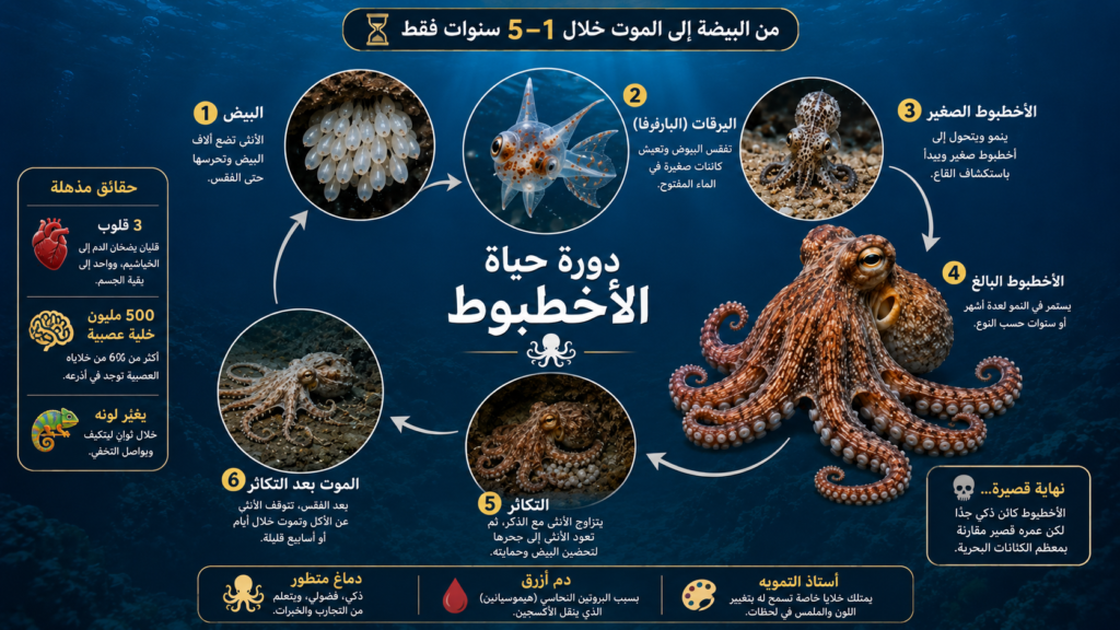 إنفوغرافيك يوضح دورة حياة الأخطبوط خطوة بخطوة، من البيوض واليرقات إلى مرحلة البلوغ والتكاثر، مع حقائق مدهشة عن ذكائه وجهازه العصبي الفريد.