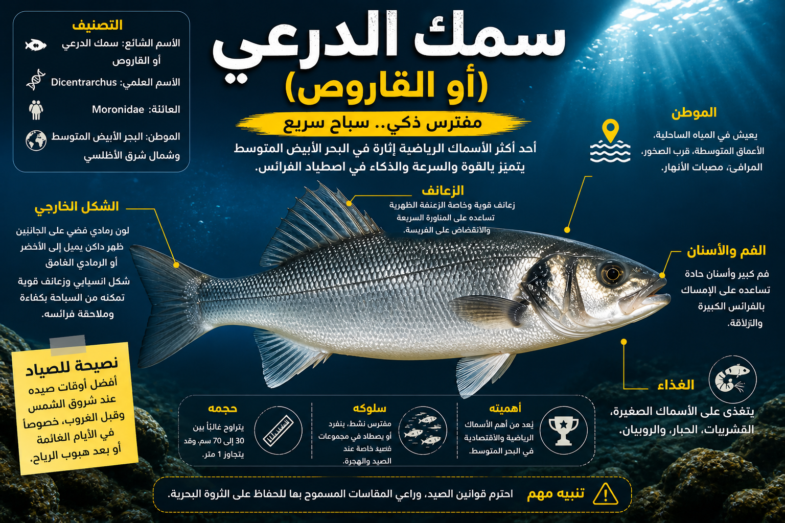 سمك الدرعي أو القاروص مع شرح تفصيلي لشكل الجسم والزعانف والموطن والغذاء في تصميم تعليمي تحت الماء
