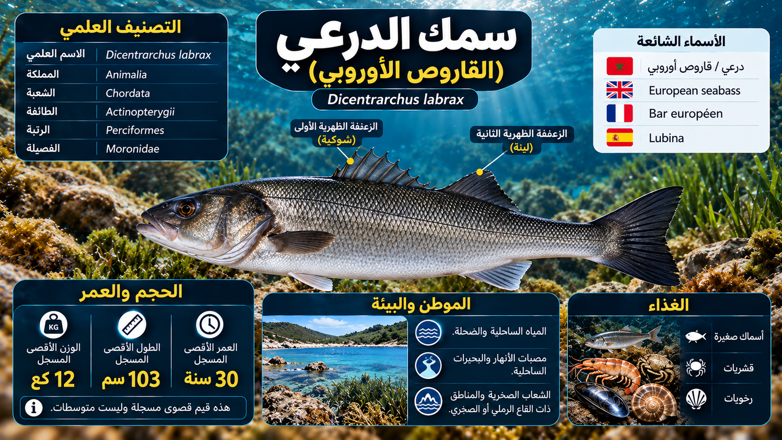 إنفوغرافيك سمك الدرعي (القاروص الأوروبي) وخصائصه وموطنه وغذائه