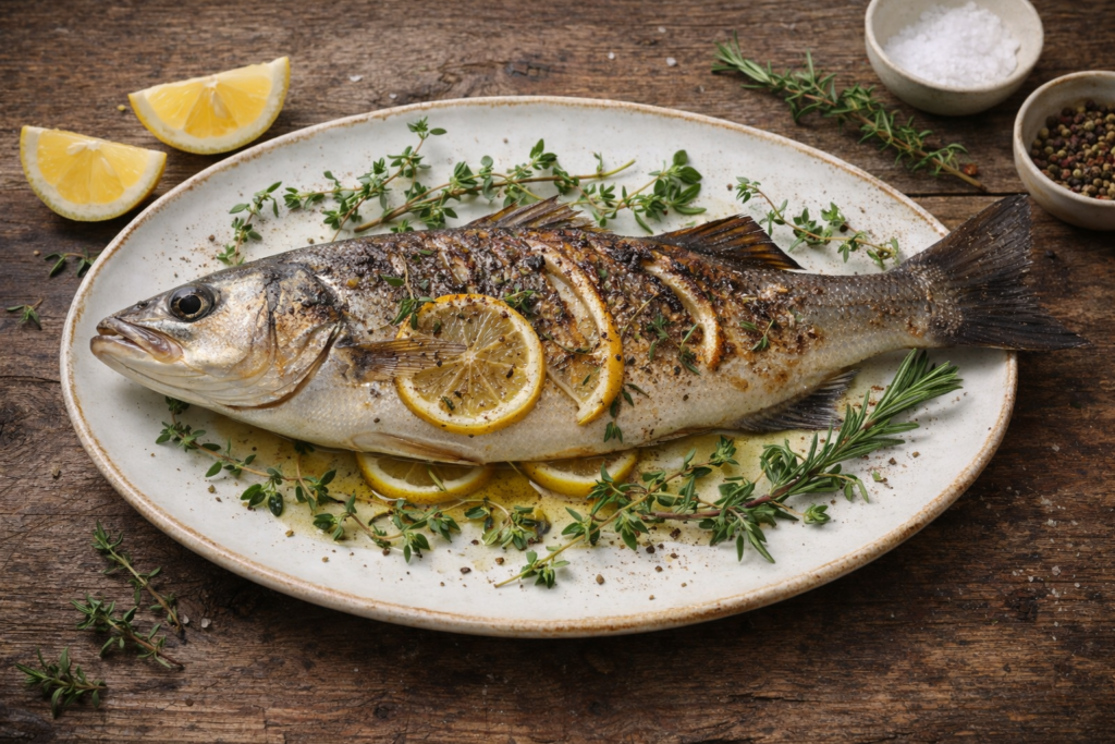 سمك القاروص مشوي بالأعشاب والليمون بطريقة متوسطية تقليدية