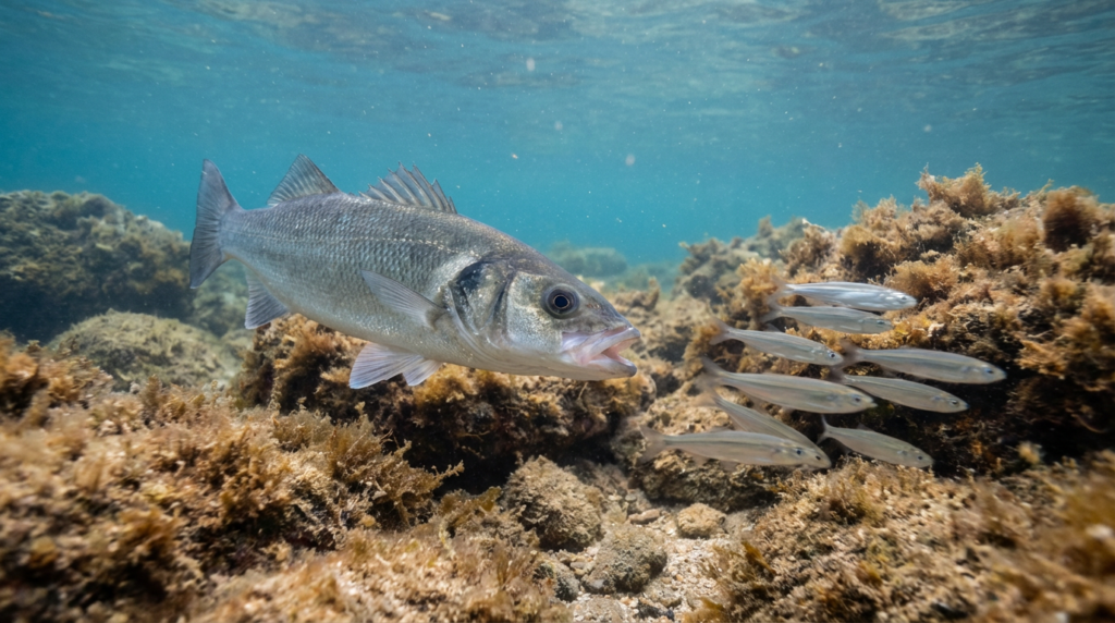 سمك القاروص يفترس أسماكًا صغيرة في بيئة ساحلية صخرية