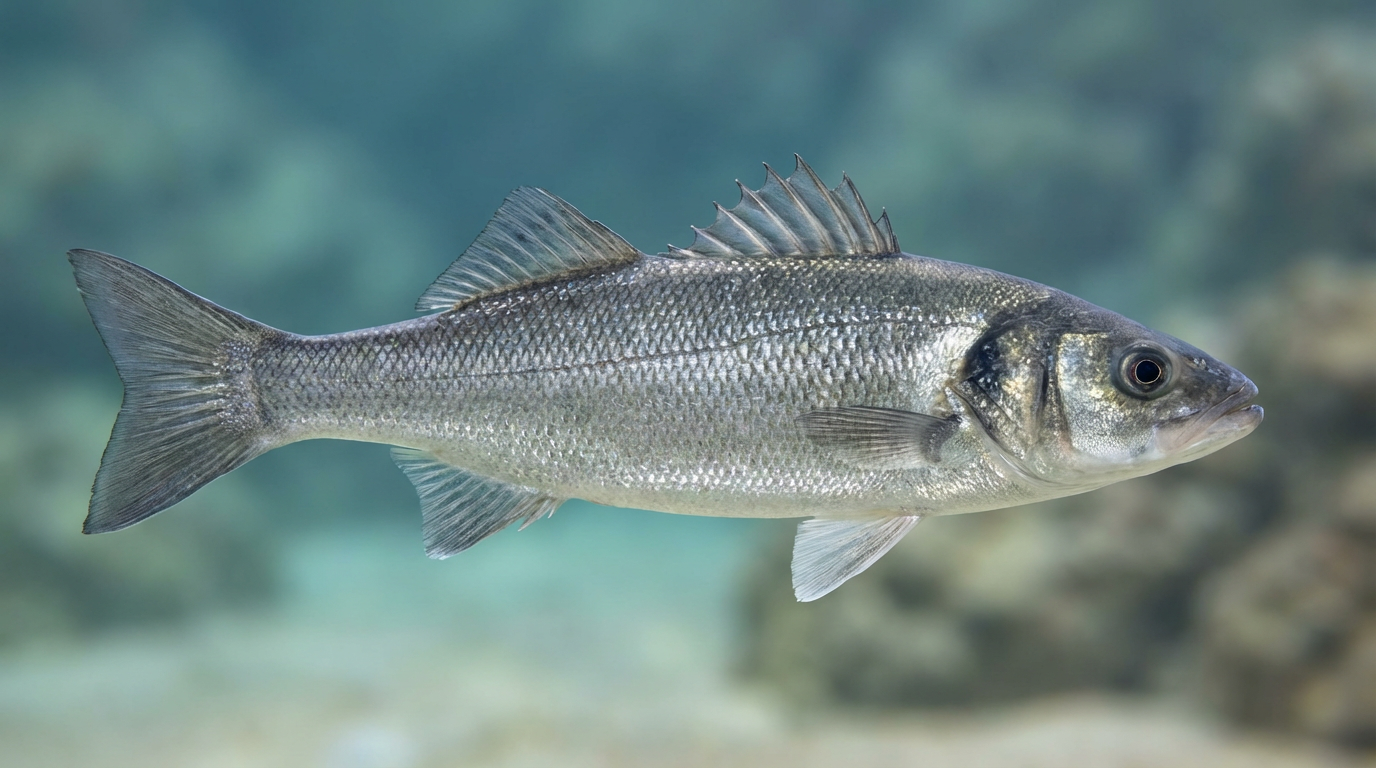 صورة جانبية توضح الخصائص التشريحية لسمك القاروص الأوروبي