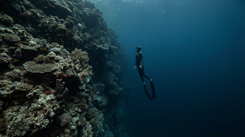 غواص حر يقترب من حافة صخرية عميقة