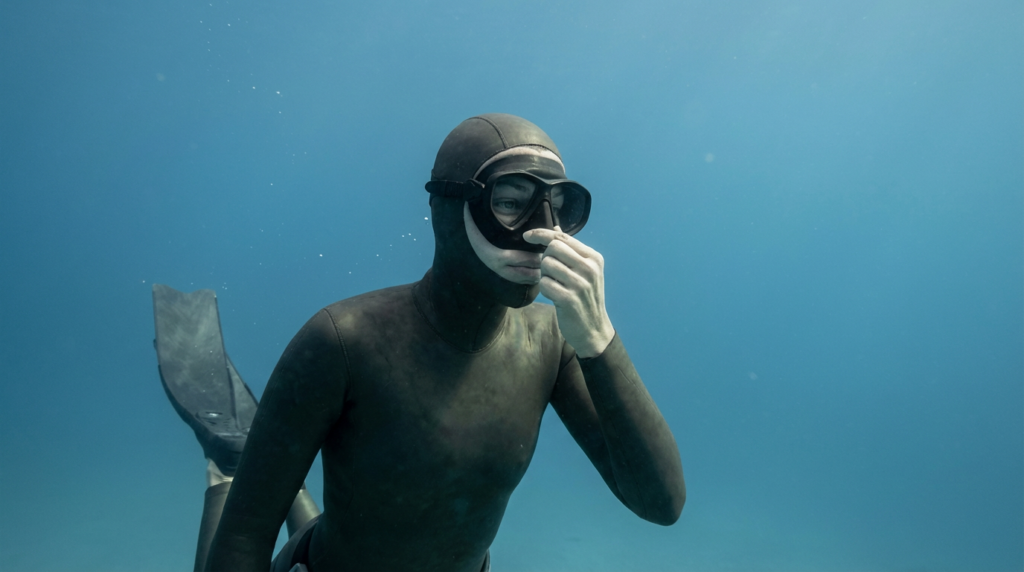 غواص حر يقوم بمعادلة ضغط الأذن أثناء نزول تدريجي